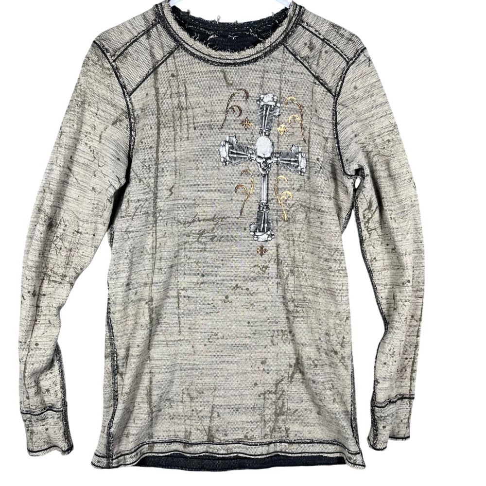 Affliction Reversible Thermal Shirt‎ Mens Size M Charcoal Skull Cross Biker Y2K